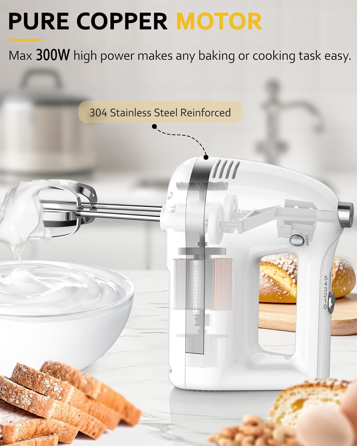 Electric Hand Mixer, Powerful 300W Hand Mixer Electric Handheld with 304 Beaters, Dough Hook,Hand Held Mixer with Turbo for Baking Cakes, Eggs, Cream Food(Black)
