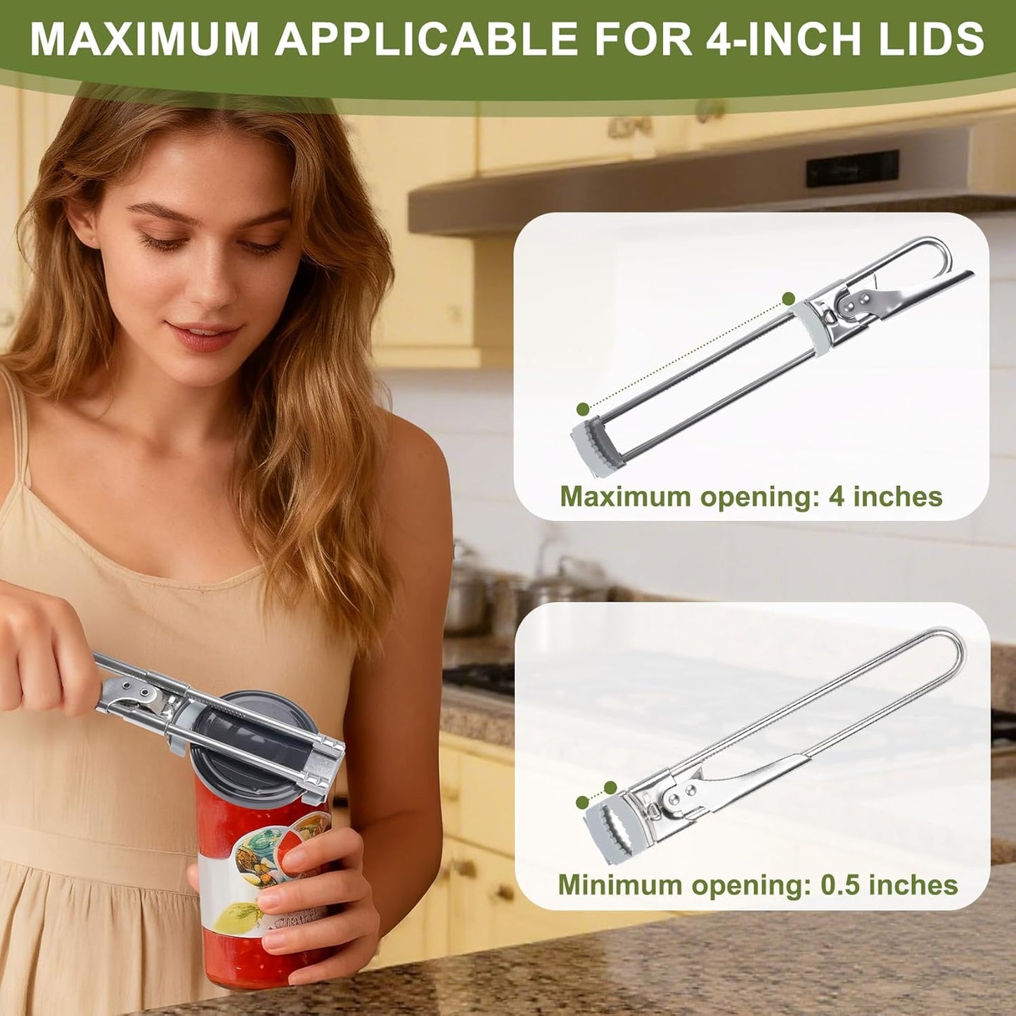 Adjustable Jar Opener –2026 Stainless Steel Can & Bottle Opener for Weak Hands Seniors Up to 4-Inch Lids,Optional Silicone