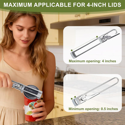 Adjustable Jar Opener –2026 Stainless Steel Can & Bottle Opener for Weak Hands Seniors Up to 4-Inch Lids,Optional Silicone