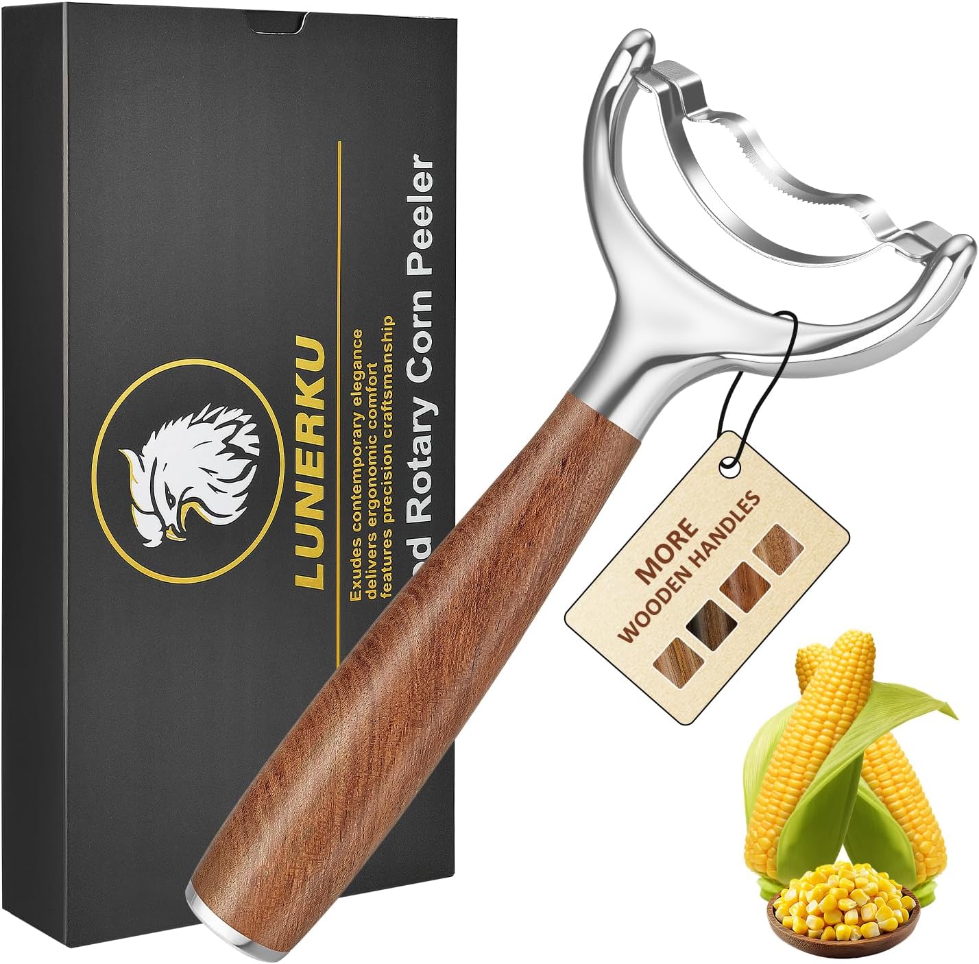 Stainless Steel Corn Peeler, Durable Corn on the Cob Stripper Tool with Solid Wood Good Grip Handle for Salad Polenta Pizza Popcorn Cooking Gifts for Woman Her Mom Birthday (Exotic Ebony)