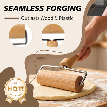 Pizza Rolling Pin Small Rolling Pin Wooden Dough Roller Non Stick Pizza Dough Roller for Baking Pastry Tortilla Cookie Dumpling Rolling Pins for Baking (T+H-Style)