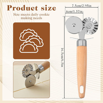Double Wheel Pastry Cutter with Premium Wooden Handle, Stainless Steel Dual-Head Ravioli & Pasta Cutter for Pizza, Cookies, and Pasta, Multipurpose Baking Tool for Kitchen