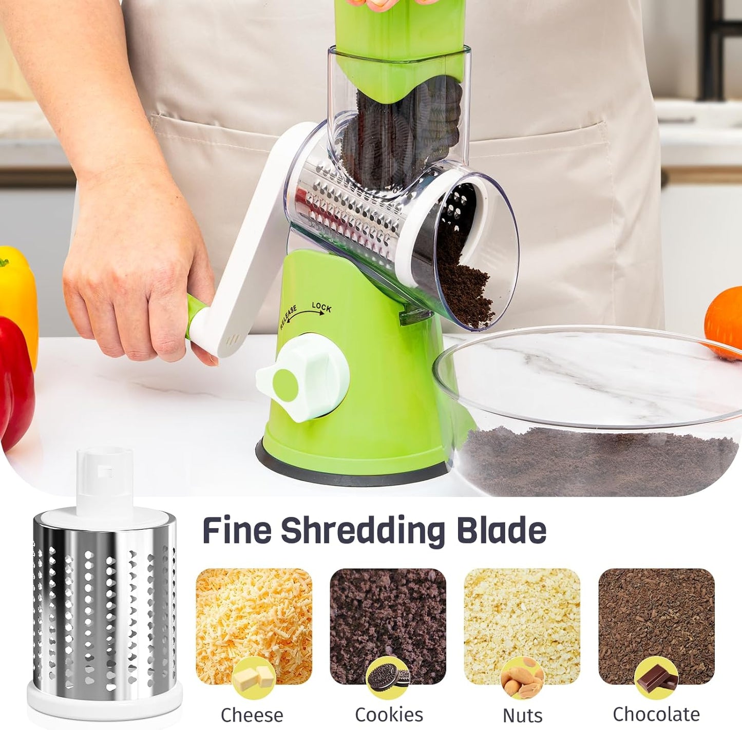 Cheese Grater Hand Crank, Rotary Cheese Shredder with 3 Interchangeable Blades for Coarse, Fine Shredding and Slicing, Strong Suction Base for Pizza, Pasta, Salad, Vegetables, Nuts, Chocolate