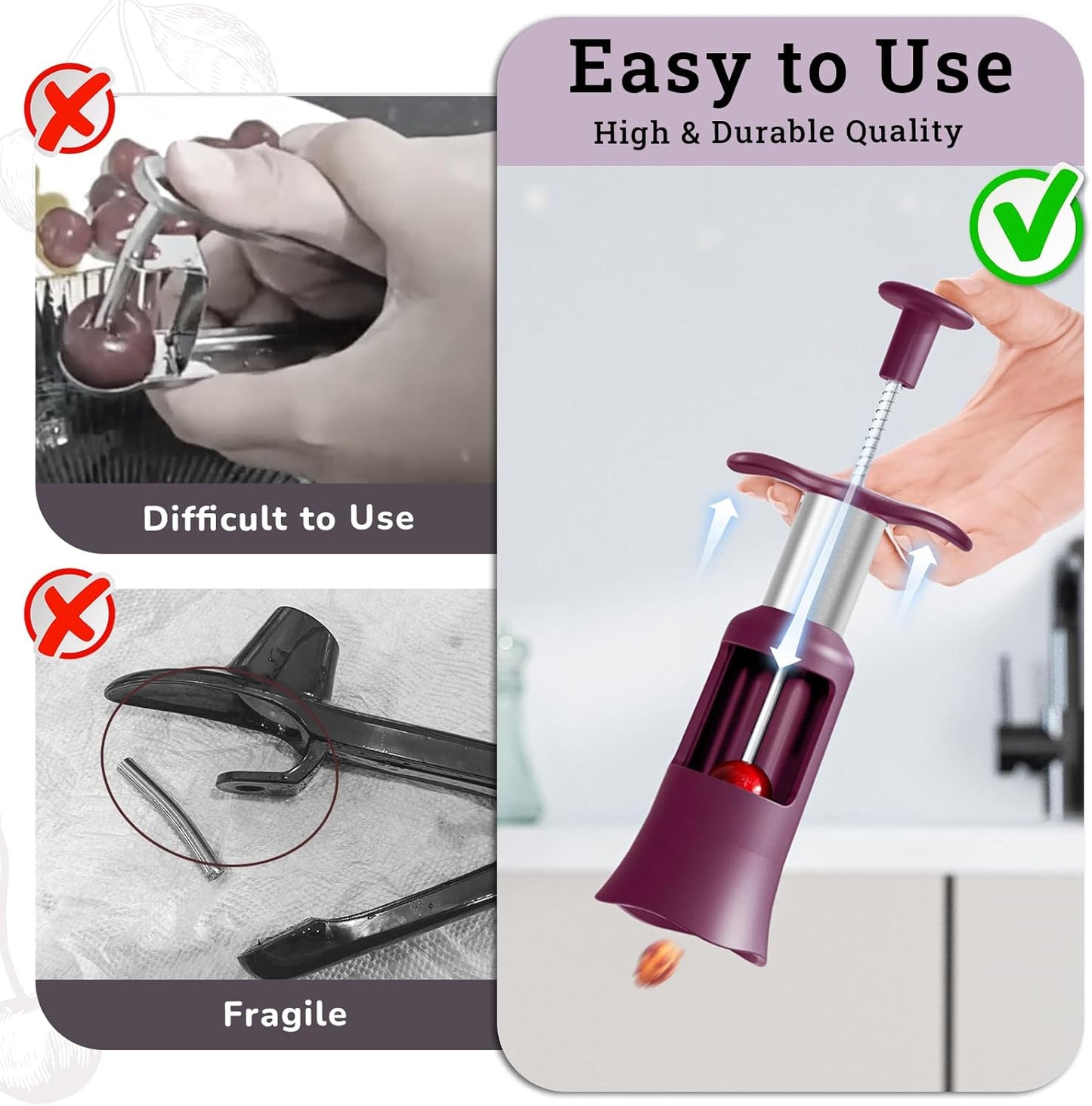 2 in 1 Cherry Pitter Remover Tool, Premium Quick Release Cherry Pitter, Press & Push Type, Large 33mm Cherry Seed Remover, Durable, Food Grade Stainless Steel & PP Plastic