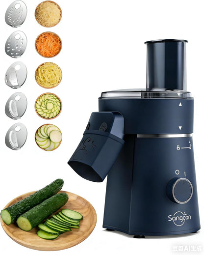 Sangcon Electric Cheese Grater for Block Cheese, 5-in-1 Automatic Salad Shooter & Vegetable Slicer with 5 Stainless Steel Blades, One-Touch Countertop Electric Grater for Cheese, Vegetables, Nuts
