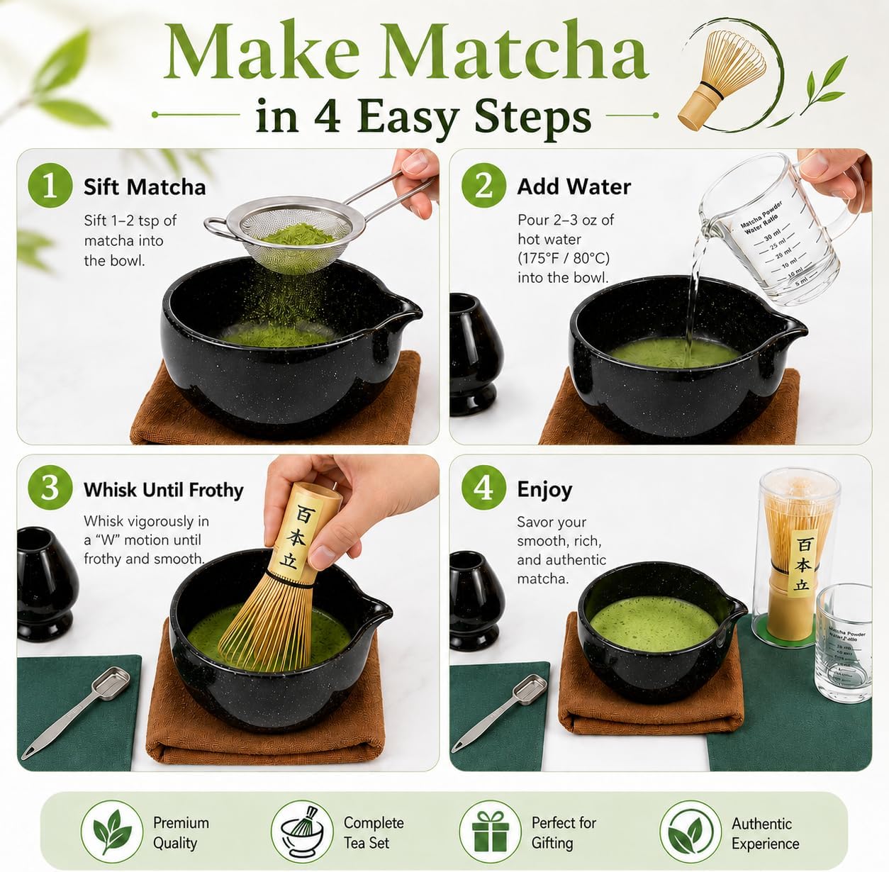 Matcha Tea Set – Traditional Japanese Matcha Kit with Bamboo Whisk (Chasen), Bowl (Chawan), Scoop (Chashaku) & Holder – Premium Matcha Starter Set for Beginners & Tea Lovers