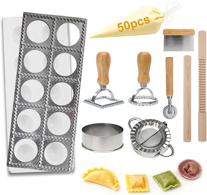 Ravioli Cutter Set - 10 Pieces Ravioli Press Mold, Round & Square Ravioli Stamp, Ravioli Cutter Wheel, Wood Rolling Pin, Pasta Making Kit for Ravioli Mold