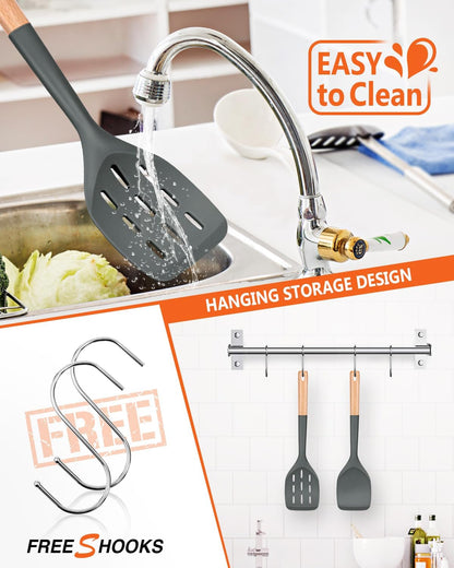 Pack of 2 Silicone Spatula, Non Stick Cooking Utensil Set Wooden Handle Kitchen Turner for Baking Mixing Grilling Serving Food Heat Resistant Non Scratch Hooks Included (Khaki)