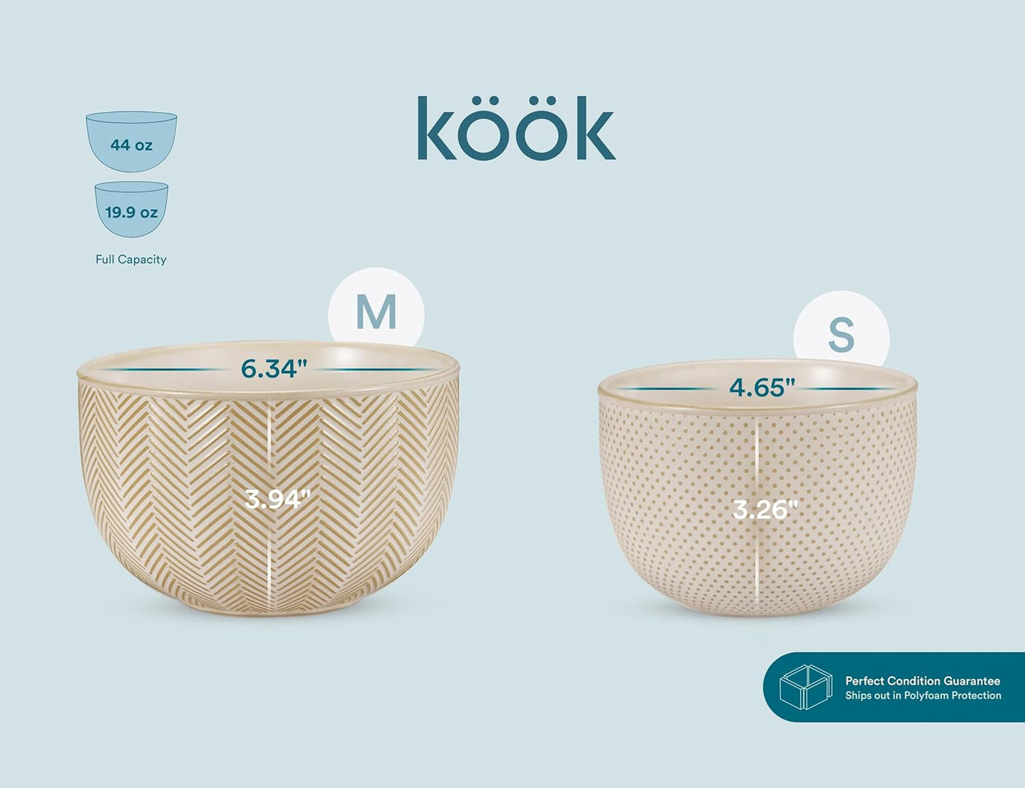 KooK Ceramic Mixing Bowls, Nesting Set of 4, Embossed Kitchen Dishware, Prep, Serving, Gift, Microwave and Dishwasher Safe, 20/44/98/145 oz, Narbonne Collection (Ivory)