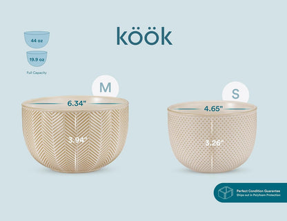 KooK Ceramic Mixing Bowls, Nesting Set of 4, Embossed Kitchen Dishware, Prep, Serving, Gift, Microwave and Dishwasher Safe, 20/44/98/145 oz, Narbonne Collection (Ivory)