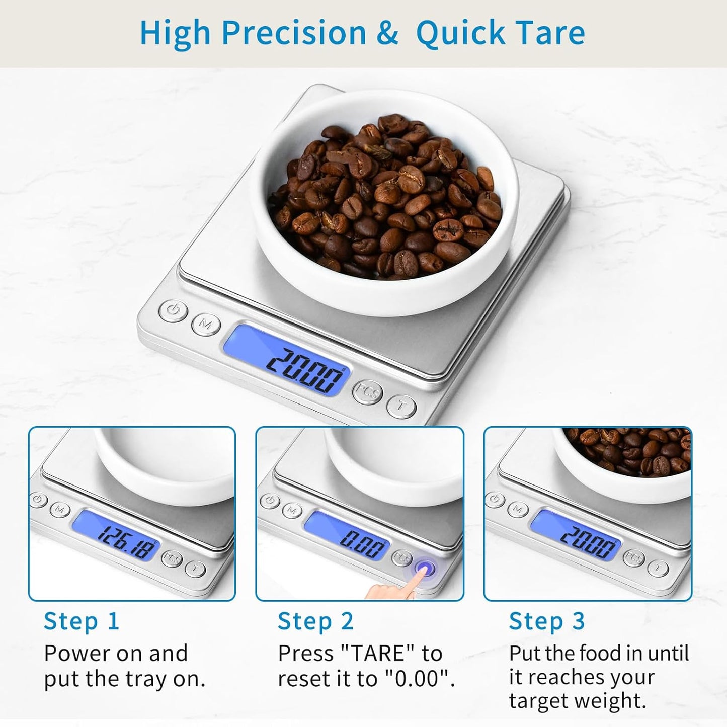 Digital Gram Scale 500g 0.01g Food Scale High Precision Kitchen Scale Multifunctional Stainless Steel Pocket Scale with Back-Lit LCD Display Tare PCS Features Silver