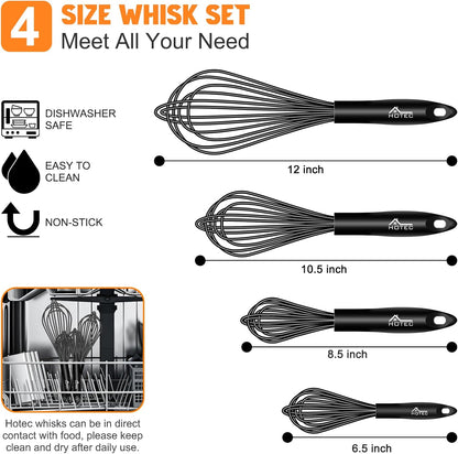 HOTEC 4 Pieces Silicone Whisks Set, Wire Balloon Whisks for cooking Egg Beater, Non-slip Handle Whisk for Non-stick Cookware Perfect for Cooking, Stirring, Beating and Blending (Multicolor)