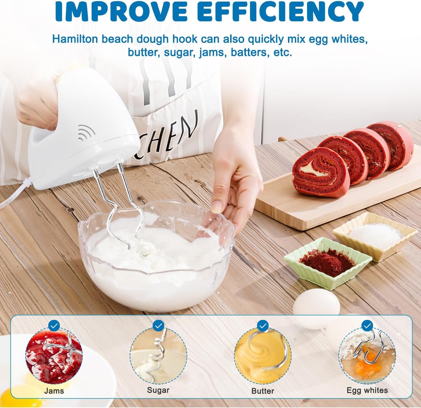 6 Pcs Hand Mixer Beater Attachments for KitchenAid Hand Mixers KHM3 KHM5 KHM7 KHM9, Stainless Steel Hand Mixer Beaters, Whisk, Blending Rod and Dough Hooks