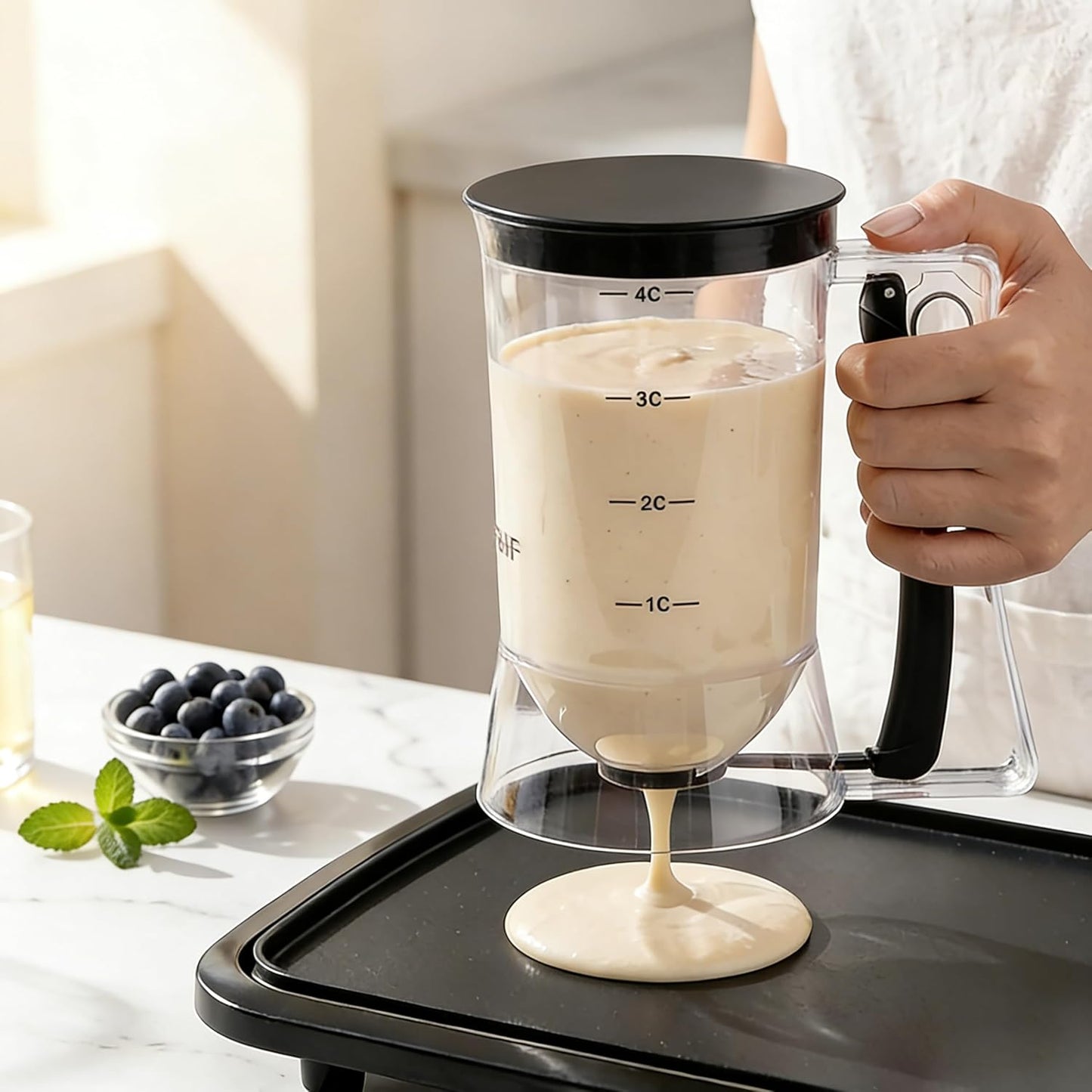 Pancake Batter Dispenser 4-Cup Batter Dispenser with Squeeze Handle & Measuring Marks Kitchen Must Have Tool for Pancakes, Cupcake, Waffle, Muffin Mix, Cake & Crepe,Baking Tool