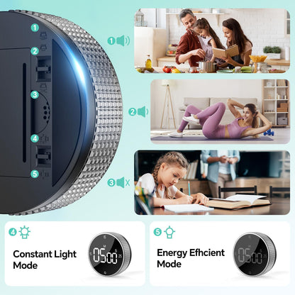 Digital Magnetic Kitchen Timer for Cooking, Large LED Visual Countdown Timer, Rotating Dial Pomodoro Focus Timer, Adjustable Volume, 5/15/25 Min Presets for Kids, Teachers, Seniors