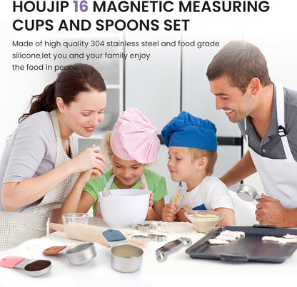 Magnetic Measuring Cups and Spoons Set-Heavy Duty 304 Stainless Steel，Double Measurement Markings，Set of 16 with Leveler for Measure Dry and Liquid Ingredients (Black)