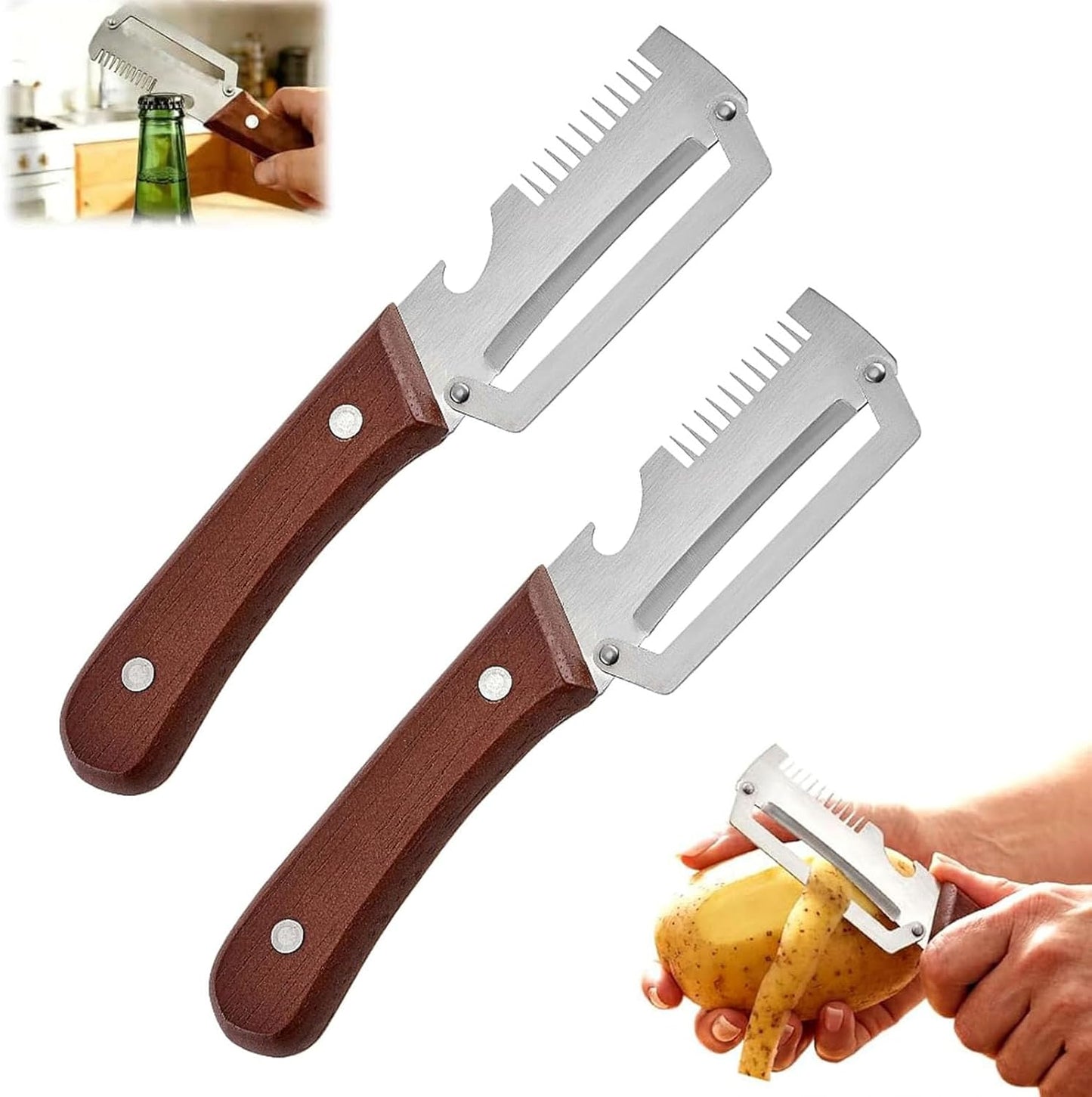 2 in 1 Serrated Peeling Knife, Multi-functional Vegetable Peeler for Kitchen, 2026 New Stainless Steel Peeler with Wooden Handle and Bottle Opener