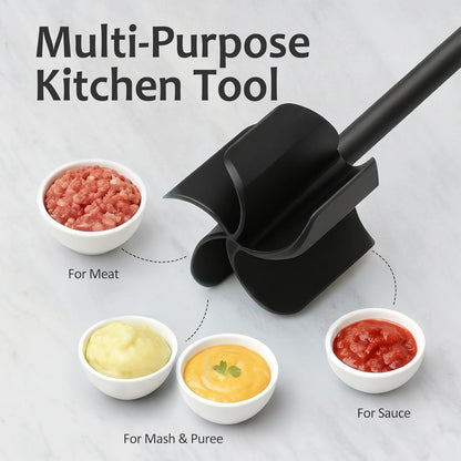 Ourokhome Meat Chopper and Potato Masher, Heat Resistant Nylon Ground Beef Smasher for Hamburger, 5 Curved Blades Nonstick Mixer & Stirrer, Practical Kitchen Gadgets, Black
