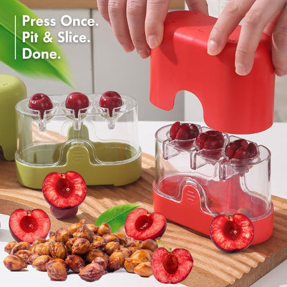 2-in-1 Cherry Pitter & Half Slicer, 3-Hole Cherry Seed Remover with Built-in Blade, with Clear Container (Apple Green)