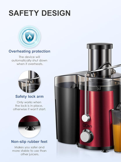 Qcen Juicer Machine, 500W Centrifugal Juicer Extractor with Wide Mouth 3” Feed Chute for Fruit Vegetable, Easy to Clean, Stainless Steel, BPA-free (Black)