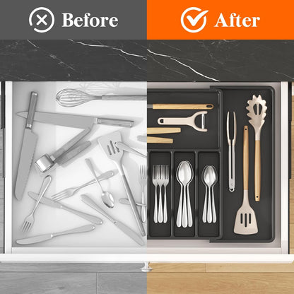 Lifewit Silverware Drawer Organizer, Expandable Utensil Tray for Kitchen, BPA Free Flatware and Cutlery Holder, Adjustable Plastic Storage for Spoons Forks Knives, 11-18 x 14", Black