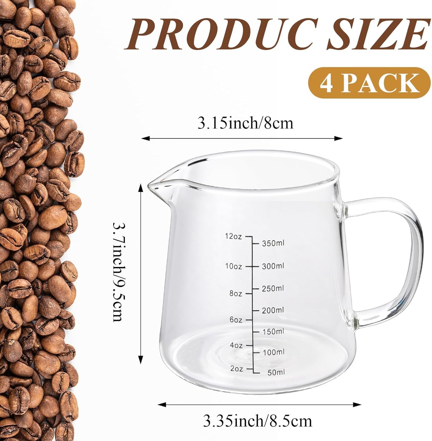 4 Pack 12oz Coffee Measuring Glass Cups, Heat Resistant Espresso Shot Pitcher Glass Cup, Microwave & Dishwasher Safe Milk Frothing Pitcher Creamer Container