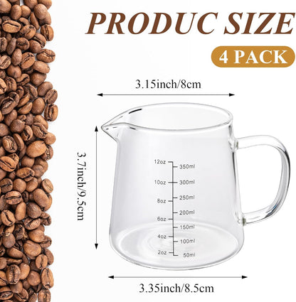 4 Pack 12oz Coffee Measuring Glass Cups, Heat Resistant Espresso Shot Pitcher Glass Cup, Microwave & Dishwasher Safe Milk Frothing Pitcher Creamer Container