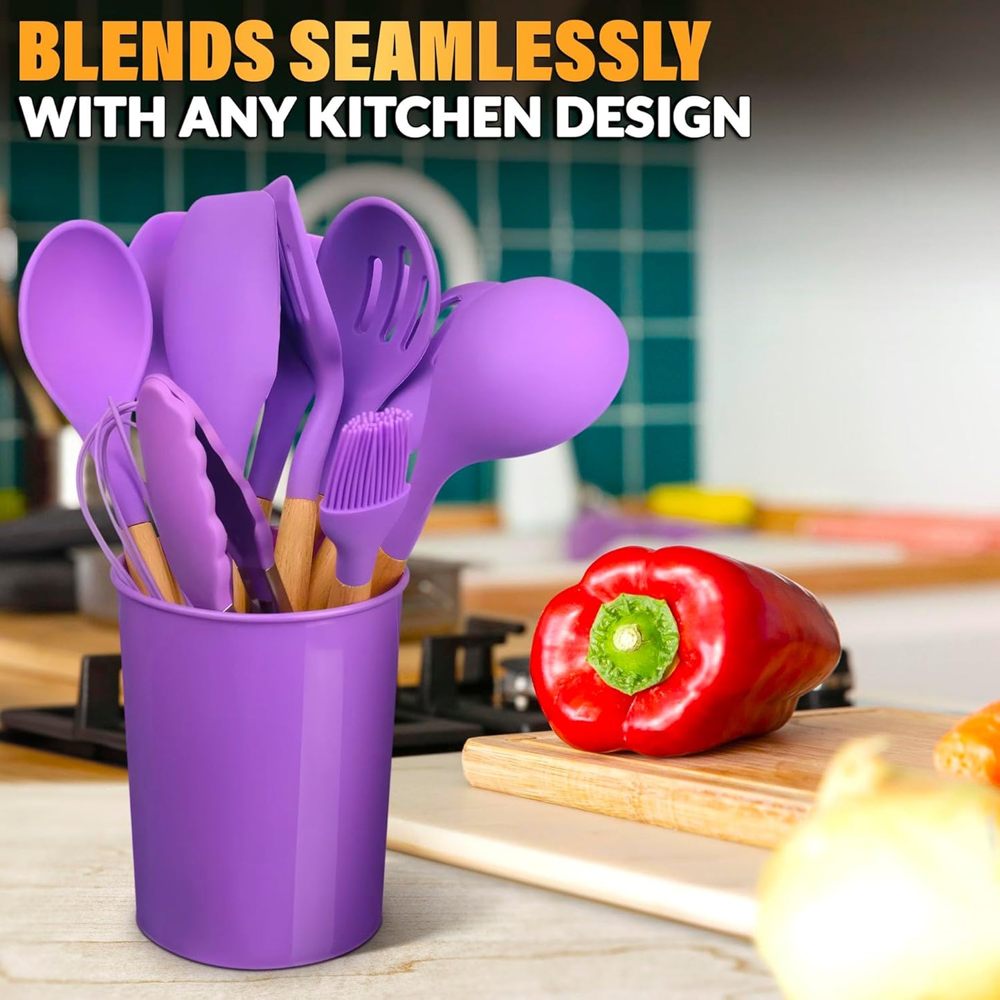 12 Pcs Purple Kitchen Utensils Set with Holder – Versatile Silicone Utensils Set for Cooking and Baking, Gentle on Pots and Pans, Heat-Resistant, Stylish, Easy to Clean, Purple Kitchen Accessories
