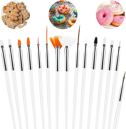 Aster 15Pcs Cake Decorating Brushes, Cake Painting Brushes Kit Food Safe Paint Brushes Multiple Function Cookie Brushes Fondant Sugar DIY Tool Set Candy Icing Pastry Brush for Baking(White)