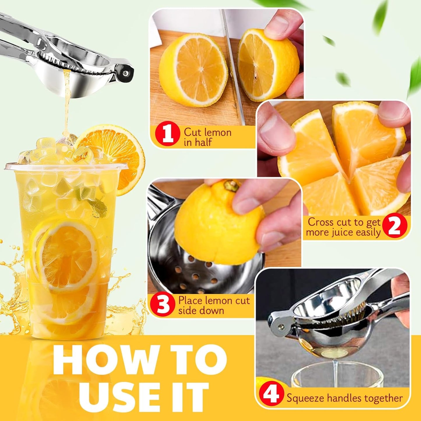 Lemon Squeezer Large, Lemon Squeezer Juicer Stainless Steel, Heavy Duty Manual Citrus Juicer Hand Press, Kitchen Tools Lime Squeezer Bar Tool, Easy to Clean Metal Lemon Hand Press