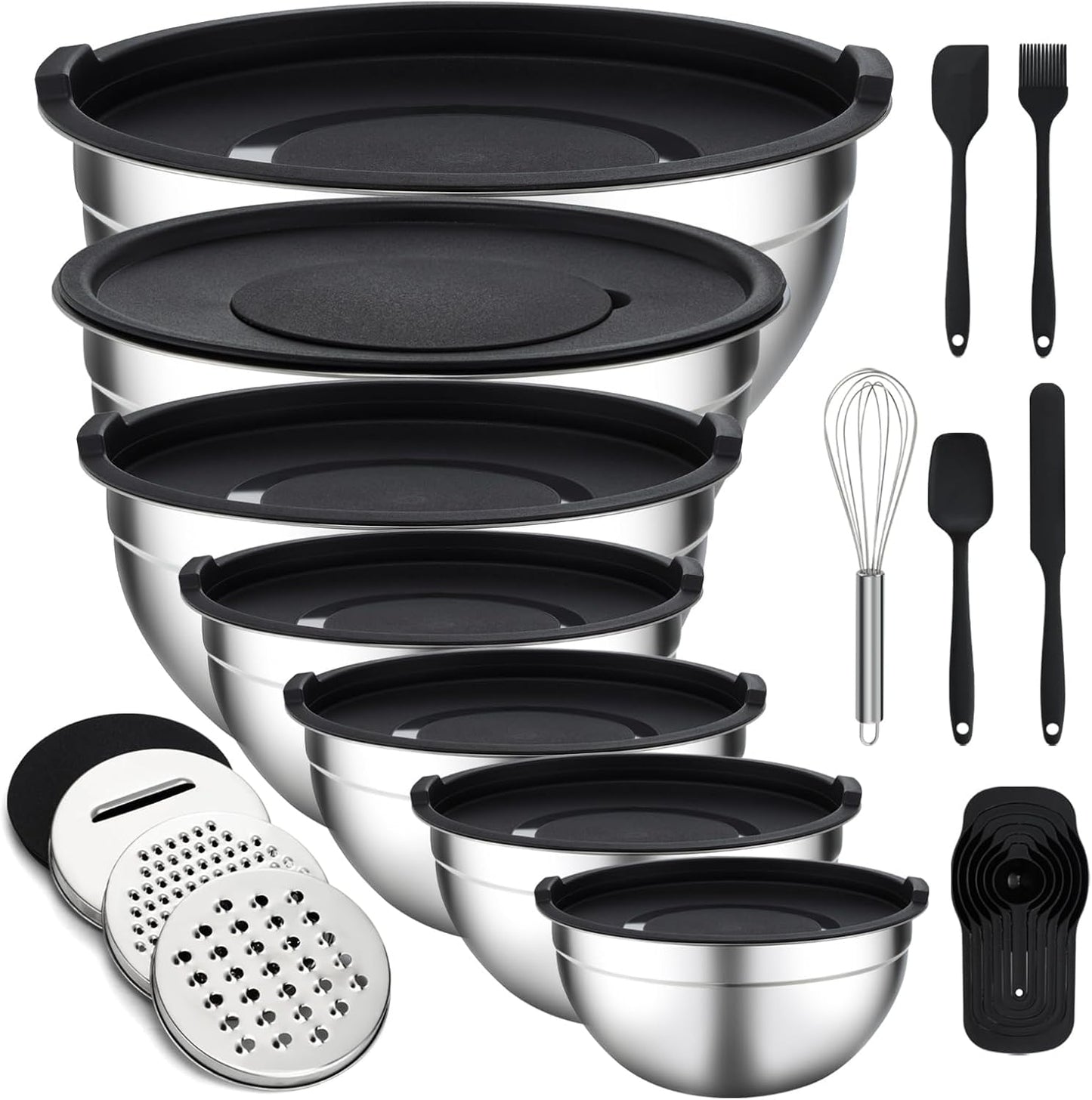 Unokit Mixing Bowls with Lids Set - 16 Pcs Stainless Steel Nesting Mixing Bowls with Grater Attachments, Mixing Bowl Set for Multi Mixing & Serving