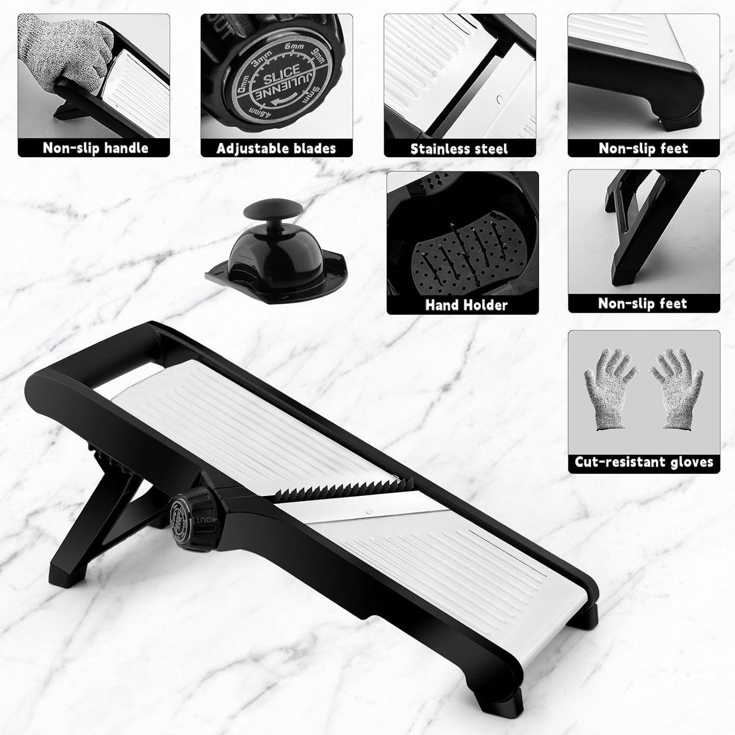 Mandoline Food Slicer, Adjustable Mandoline Slicer for Kitchen, Stainless Steel Mandolin Vegetable Chopper for Potato/Tomato/Onion, Vegetable Slicer Julienne Cutter with Cut-Resistant Gloves