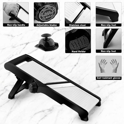 Mandoline Food Slicer, Adjustable Mandoline Slicer for Kitchen, Stainless Steel Mandolin Vegetable Chopper for Potato/Tomato/Onion, Vegetable Slicer Julienne Cutter with Cut-Resistant Gloves