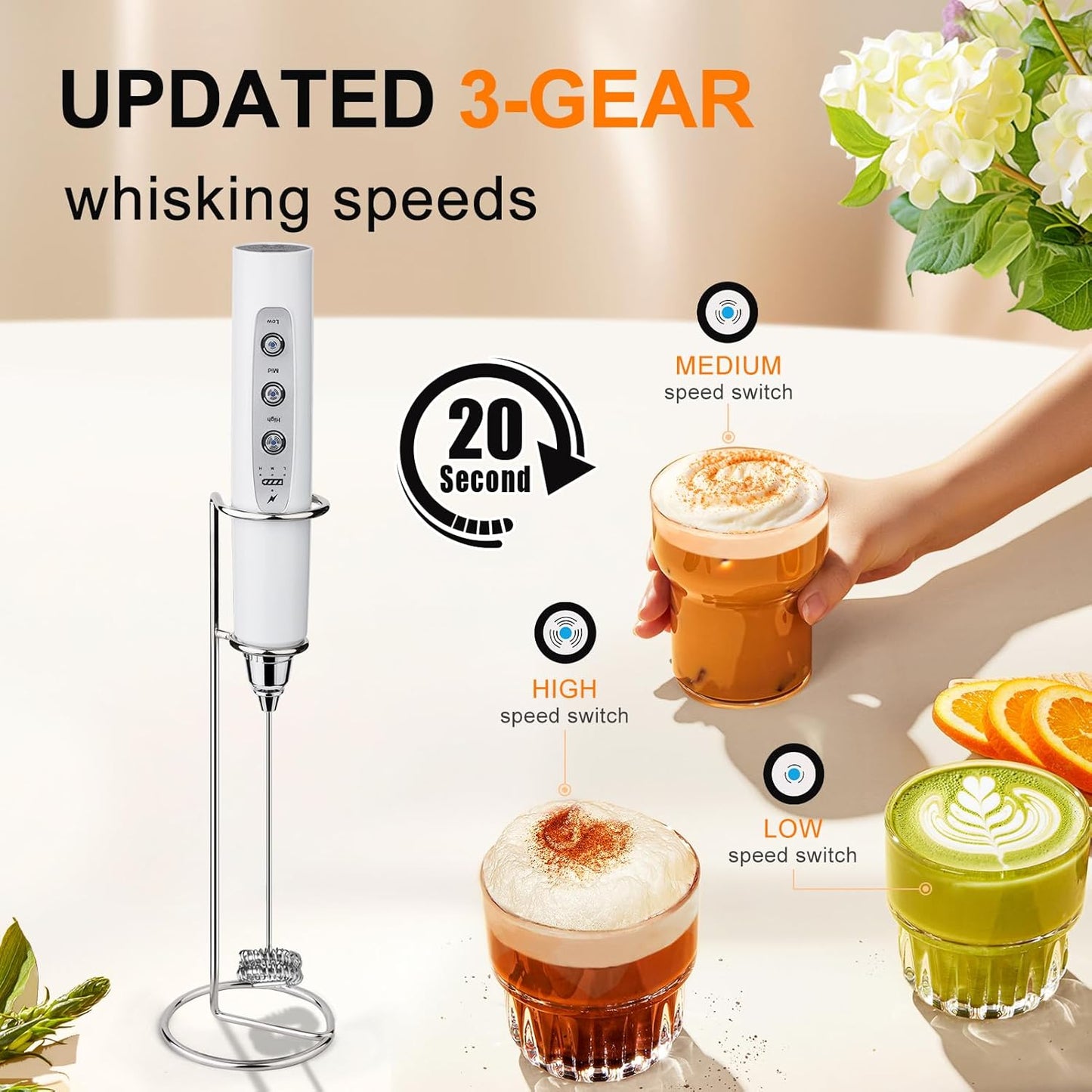 YUSWKO Black Handheld Milk Frother Wand for Coffee, Rechargeable Electric Whisk with 3 Heads 3 Speeds Drink Mixer Coffee Frother For Latte, Cappuccino, Hot Chocolate, Egg
