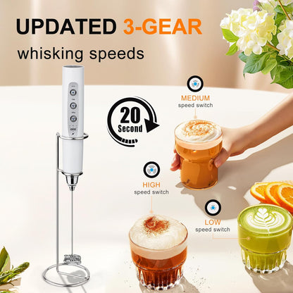 YUSWKO Black Handheld Milk Frother Wand for Coffee, Rechargeable Electric Whisk with 3 Heads 3 Speeds Drink Mixer Coffee Frother For Latte, Cappuccino, Hot Chocolate, Egg