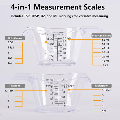 4 Pack Small Measuring Cups, 2oz/60ml Mini Measuring Cup with tsp/Tbsp/oz/ml Markings, Clear Easy-Read Scale for Kitchen, Resin, DIY, Beauty Mixing (4)
