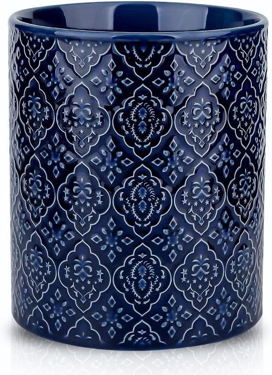 KOOV Kitchen Utensil Holder, Large Utensil Holders for Countertop, 6 x 7 Inches Ceramic Utensil Crock, Deep and Stable, Cooking Utensil Holder, Embossed Pattern (BLue)