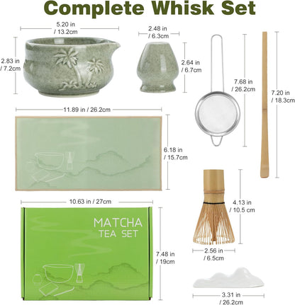 Matcha Whisk Set -7 Pcs Ceramic Matcha Kit Includes Matcha Bowl,Holder,Matcha Sifter, Bamboo Whisk (Chasen),Matcha Spoon and Scoop and Tea Towel,Matcha Kit for Matcha Lovers(Cyan)
