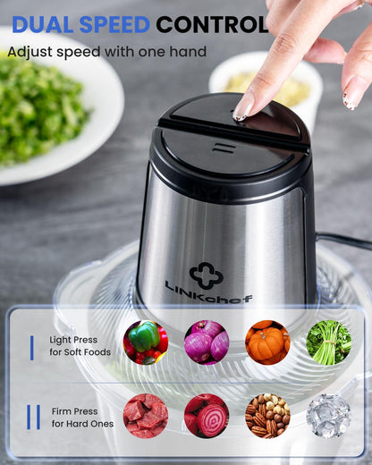 LINKChef Food Processor Small, 10 Cup Food Chopper with Container, 2.3L 600W Electric Meat Grinder for Home Use, Stainless Steel Mini Food Processor for Kitchen, Vegetable, Onion, Garlic, Salad