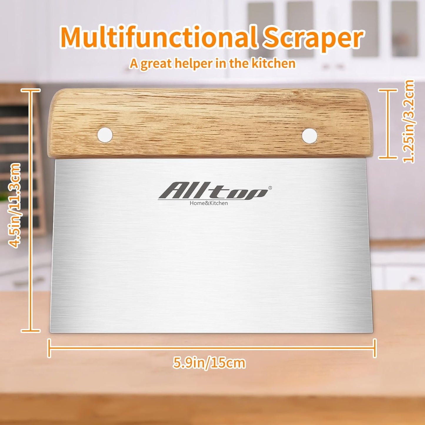 ALLTOP Dough Cutter – Premium Stainless Steel Food Scraper for Bread and Pastry – Bench Scraper with Ergonomic Wooden Handle – Multipurpose Kitchen Tool