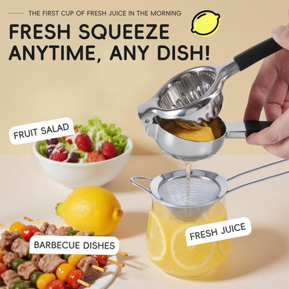 YXT&BEYOND Large Lemon Squeezer Set, 304 Stainless Steel Lime Squeezer w/13 Filter Holes & Fine Strainer, Manual Lemon Press Juicer - Metal Citrus Press Juicer with Non-Slip Handles, Dishwasher Safe