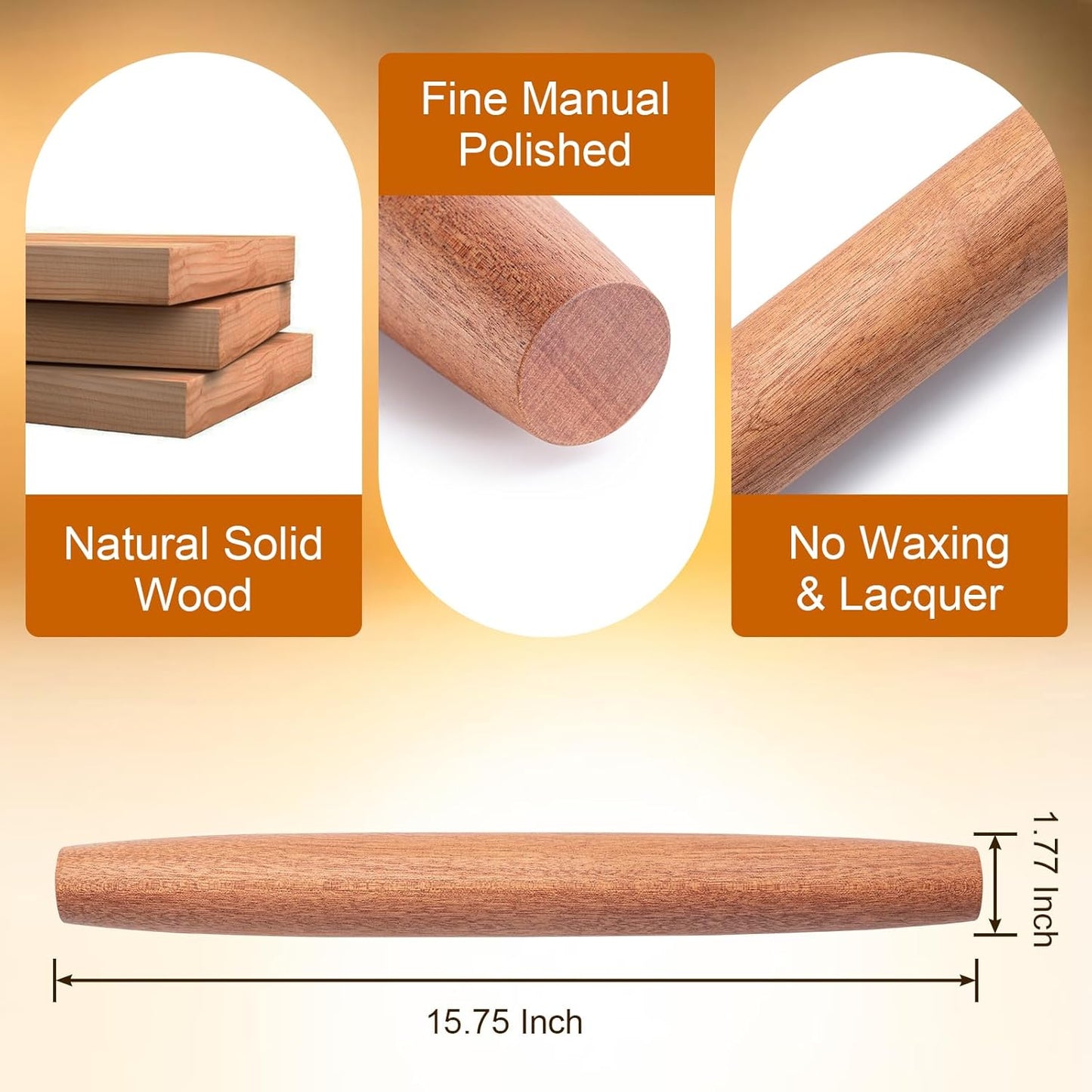 Aisoso French Rolling Pin, 17.7 Inches Wood Rolling Pin for Baking Extra Long Thickened, Classic Wooden Dough Roller for Fondant Pizza Pie Crust Cookie Pastry, Essential Kitchen Utensil, Brown