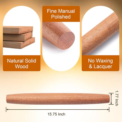 Aisoso French Rolling Pin, 17.7 Inches Wood Rolling Pin for Baking Extra Long Thickened, Classic Wooden Dough Roller for Fondant Pizza Pie Crust Cookie Pastry, Essential Kitchen Utensil, Brown