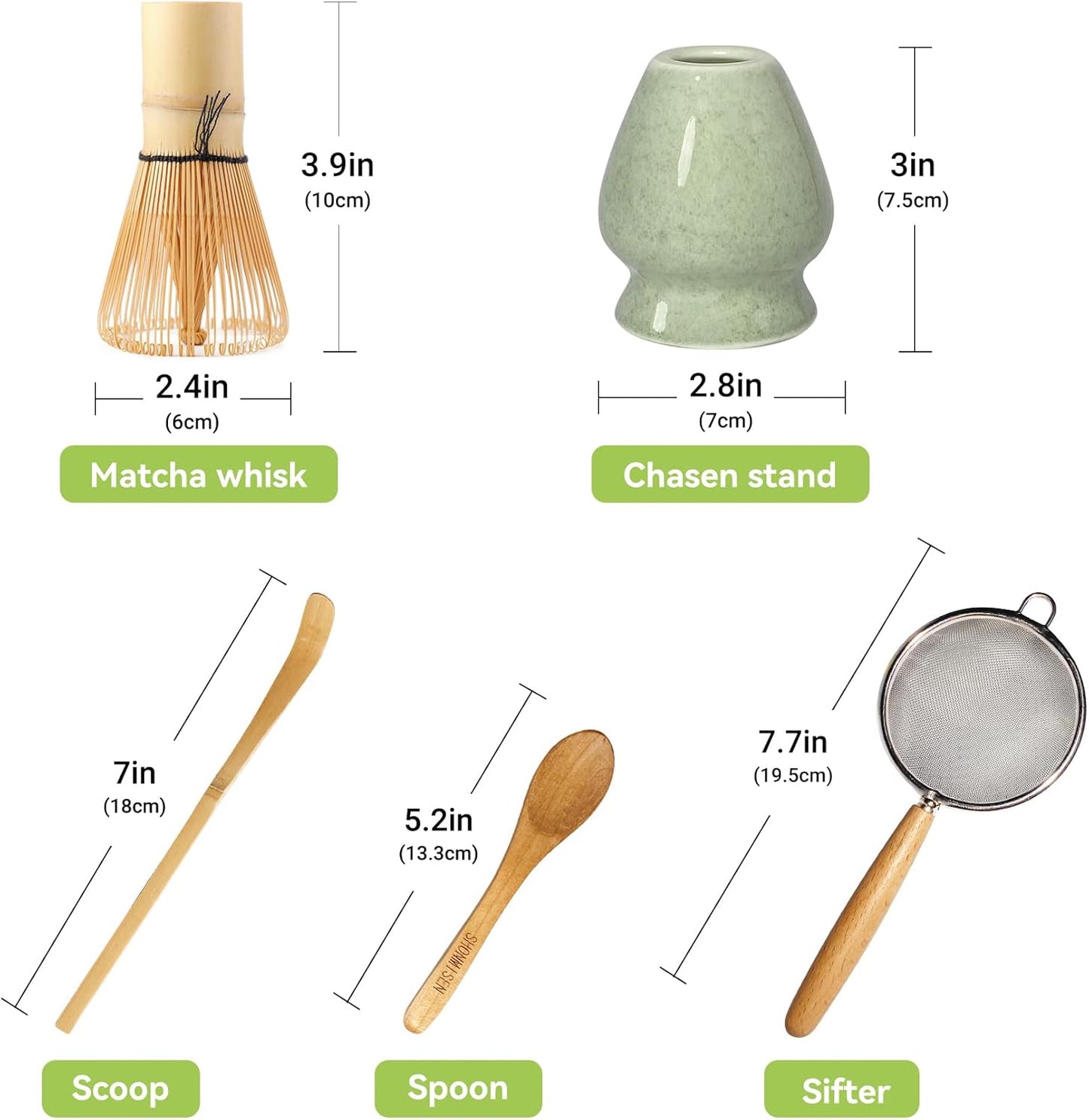 SHONMISEN Bamboo Matcha Whisk Set -Matcha Whisk (Chasen),Whisk Holder(White),Sifter,Tea Scoop and Tea Spoon