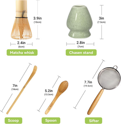 SHONMISEN Bamboo Matcha Whisk Set -Matcha Whisk (Chasen),Whisk Holder(White),Sifter,Tea Scoop and Tea Spoon