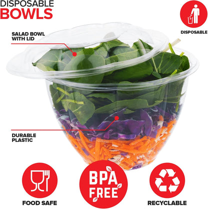 Stock Your Home 32oz Clear Plastic Salad Bowls with Lids Disposable (50 Pack) Medium Takeout Container with Snap on Lid for Fruit Salads, Quinoa, Lunch and Meal Prep, Acai Bowl, To-Go Party Containers