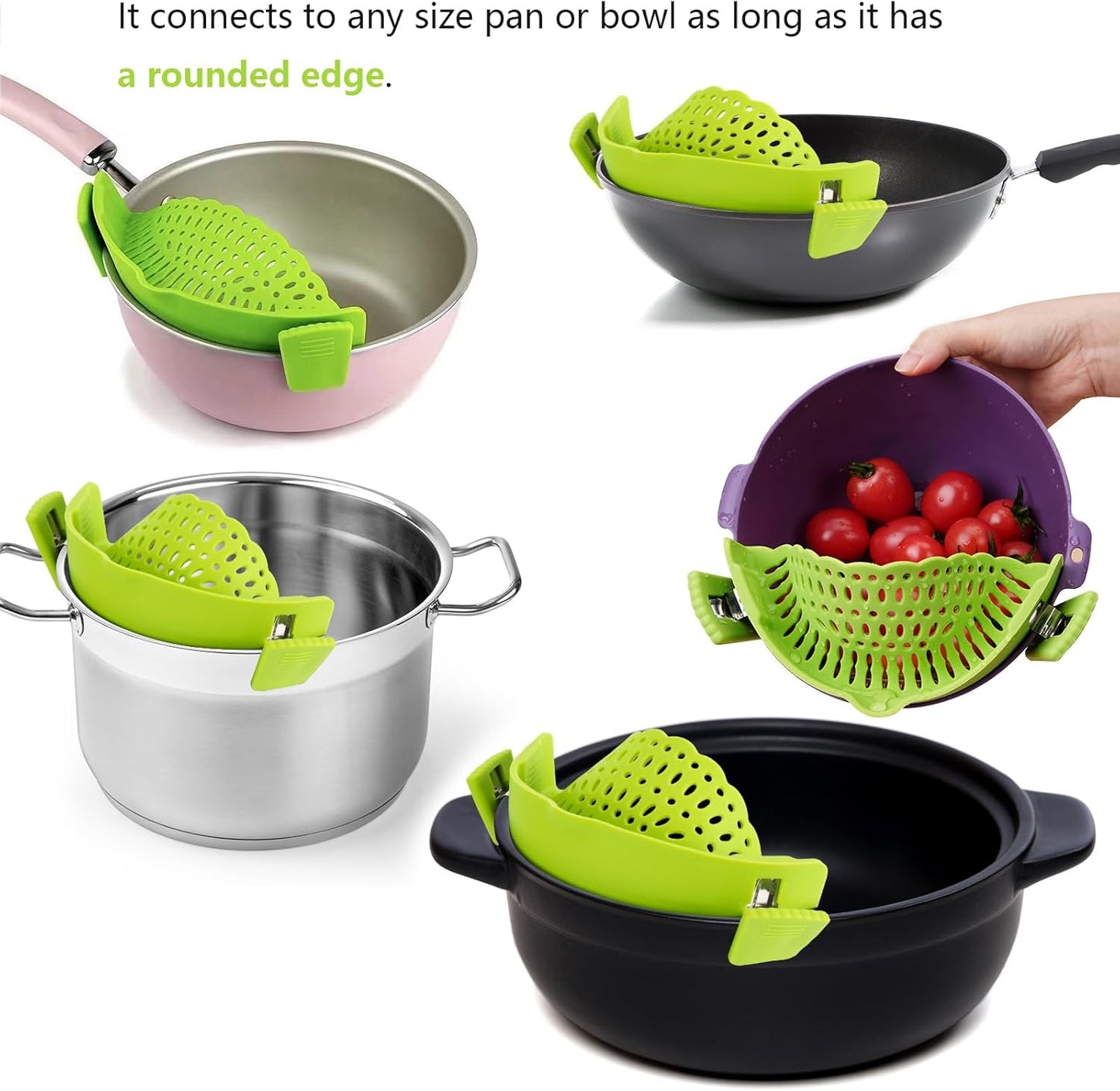 3 Pcs Silicone Clip-on Food Strainer Pasta Strainer for All Pots and Pans, Kitchen Colander for Noodle, Vegetables, Meat, Fruit, Spaghetti