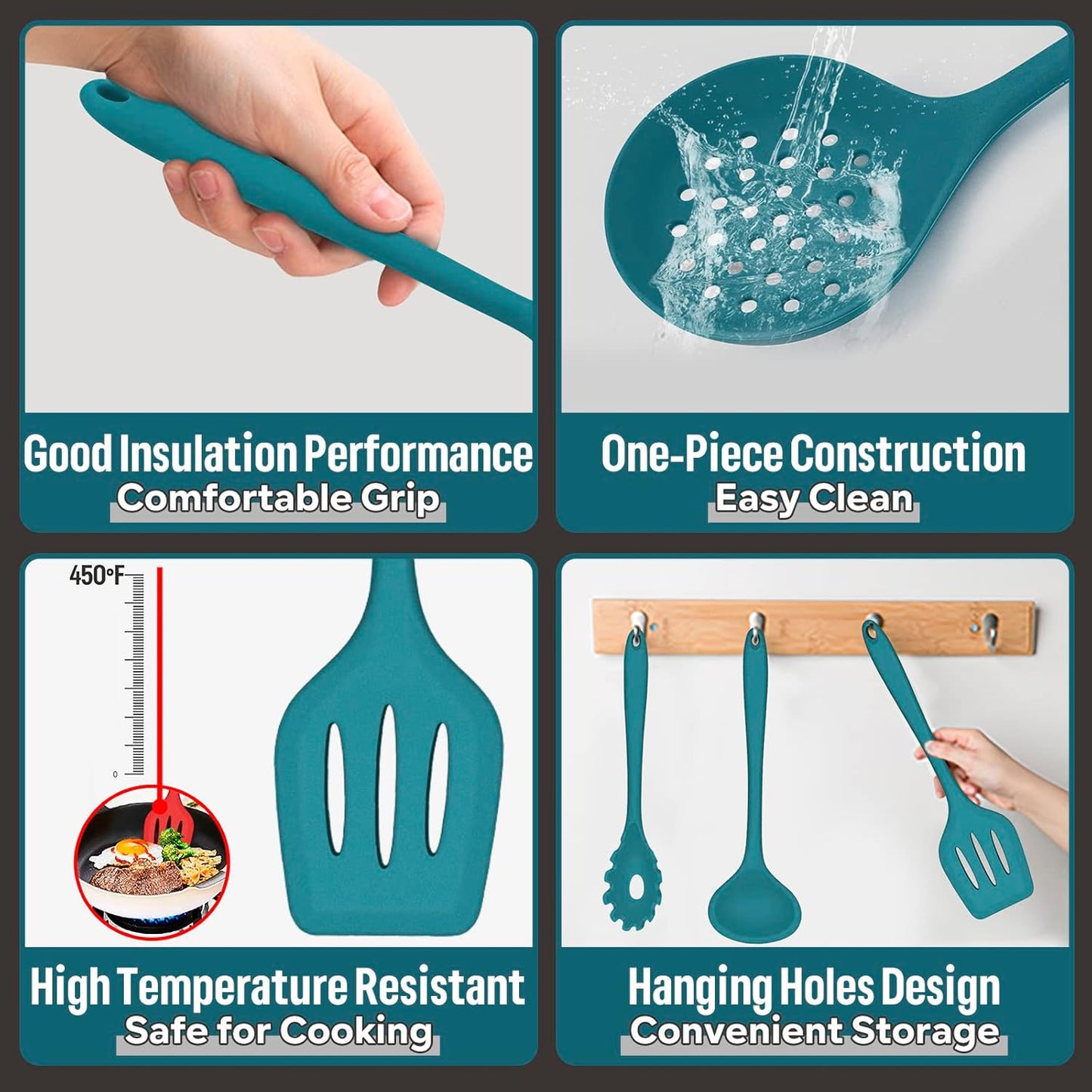 E-far Silicone Cooking Utensils Set, 7-Piece Black Heat Resistant Kitchen Utensils Set, Kitchen Nonstick Tools Spatula Ladle Spoon Pasta Server for Non-stick Cookware, Non-Toxic & Dishwasher safe