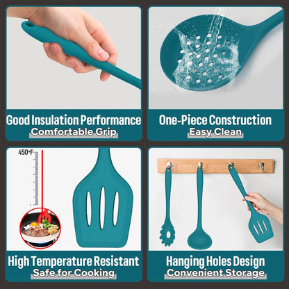 E-far Silicone Cooking Utensils Set, 7-Piece Black Heat Resistant Kitchen Utensils Set, Kitchen Nonstick Tools Spatula Ladle Spoon Pasta Server for Non-stick Cookware, Non-Toxic & Dishwasher safe