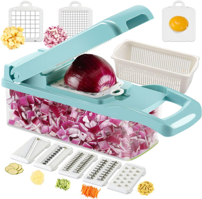 Ourokhome Vegetable Chopper Onion Cutter, 14 in 1 Professional Mandolin Slicer for Kitchen, Multifunctional Food Chopper for Potato, Tomato, Veggie with Strainer Basket, 10 Blades, Gray